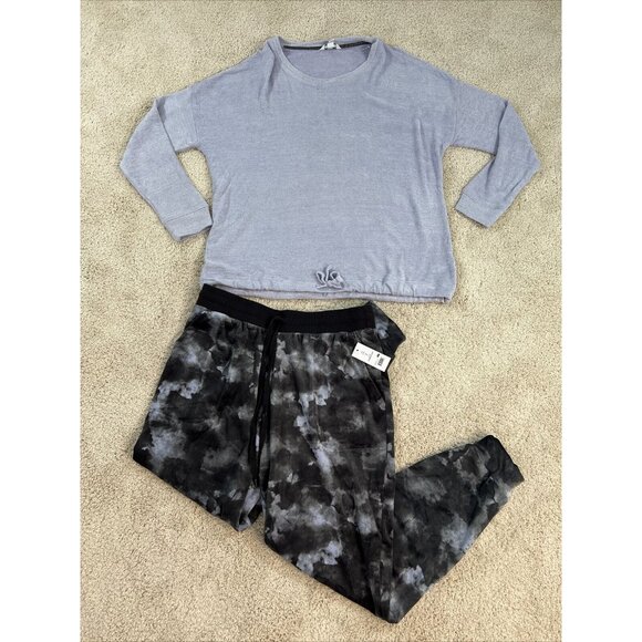 THREE DOTS Pajama Set Womans M Purple Gray Black knit Velour Lounge Stretch NWT - Picture 2 of 16